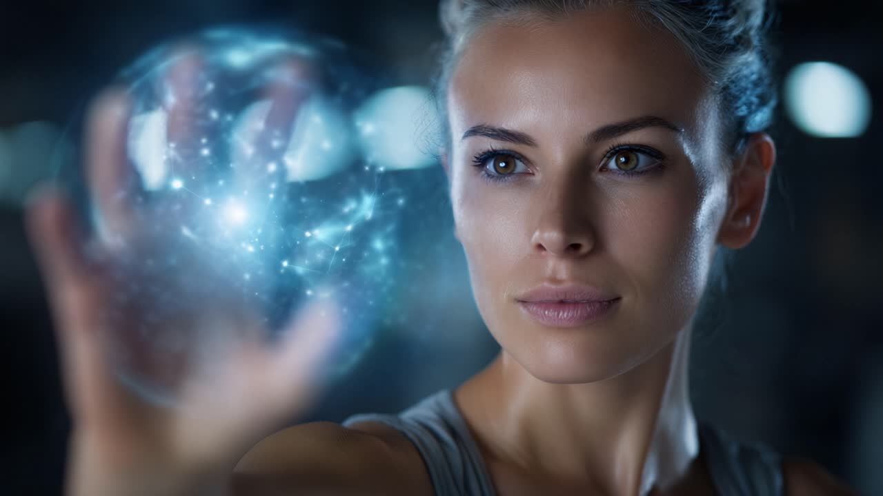 Uma mulher determinada com traços marcantes foca intensamente em um orbe brilhante em sua mão, incorporando temas de magia, poder e aspirações futuristas em um espaço encantador.