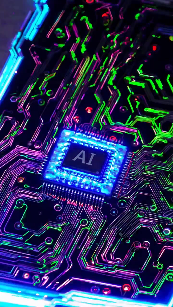 Futuristisk AI-chip på et dynamisk glødende printkort