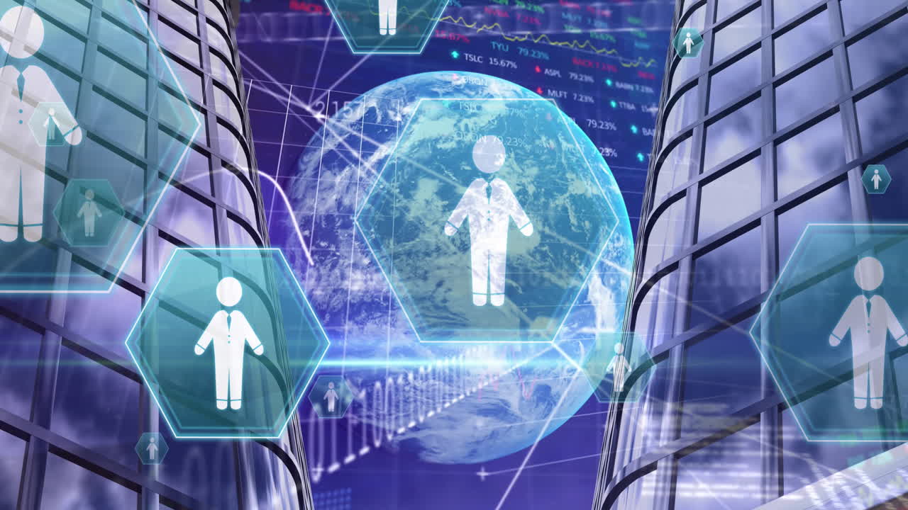 animación de iconos de personas digitales, globo y procesamiento de datos en segundo plano