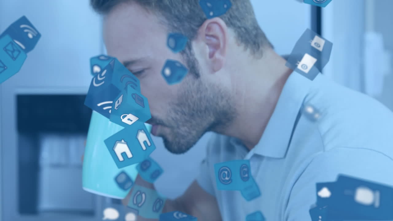 múltiples iconos digitales cayendo contra el hombre usando una tableta digital