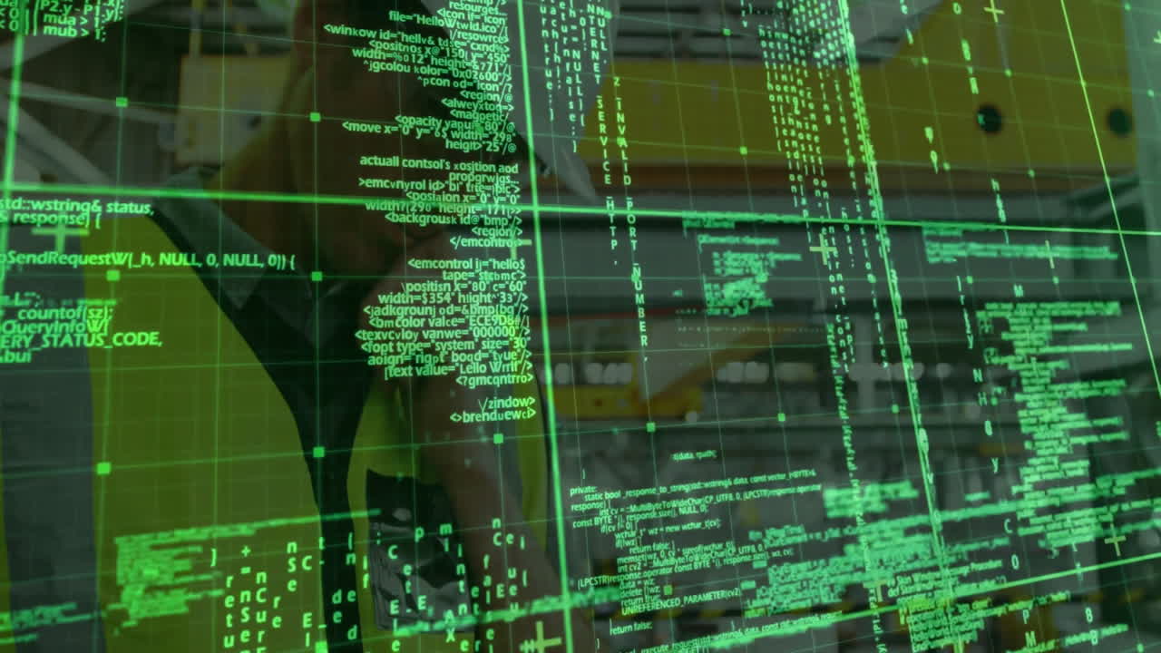 Technician wearing safety vest inspecting industrial warehouse technology, with floating green code