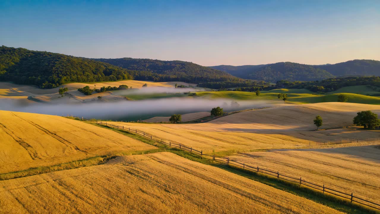 Misty Golden Fields and Rolling Hills at Sunrise