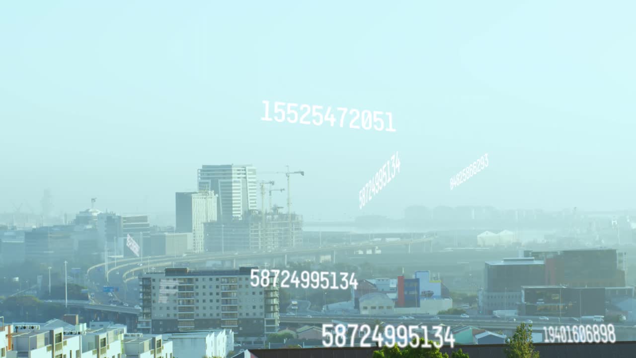 도시 풍경 위에서 처리되는 숫자의 애니메이션