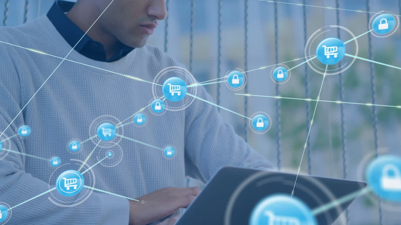 Using laptop, man browsing digital shopping with security icons overlay