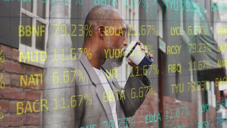 Animation-of-trading-board,-globe-over-african-american-man-drinking-coffee-by-pole-in-city