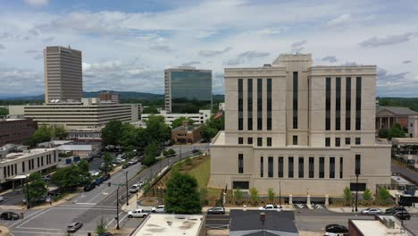 panning aerial shot over the city of greenville in south carolina, street with traffic of cars and buildings