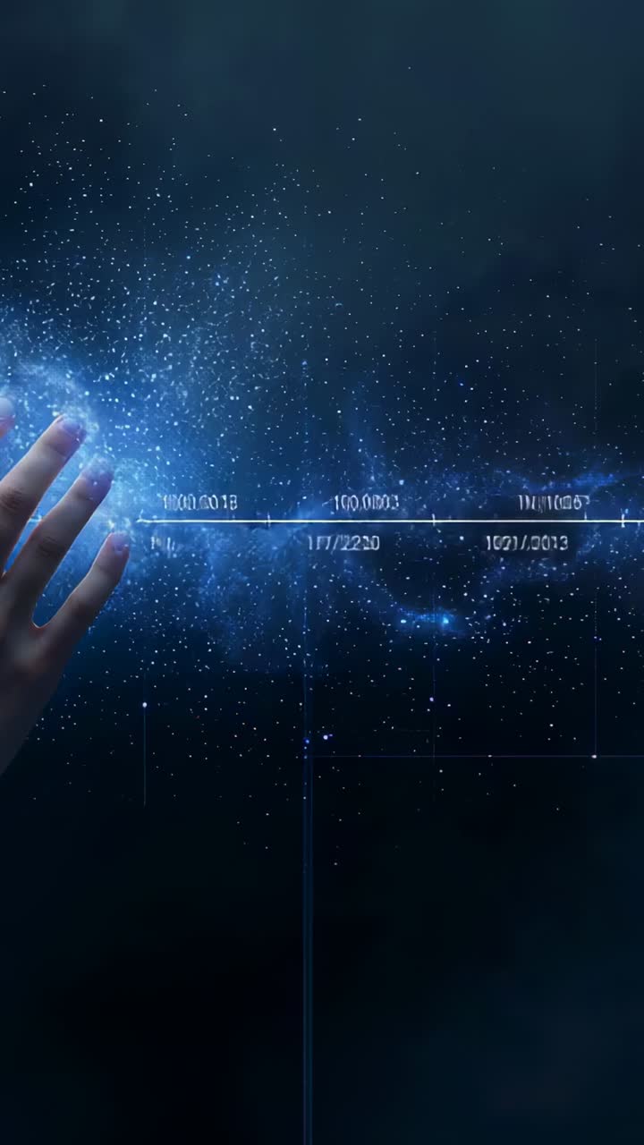 Vertical video: Entering left hand reaching toward blue core over timeline, activating, copy space