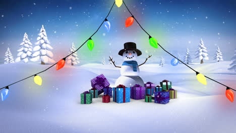 muñeco de nieve con luces de navidad y regalos