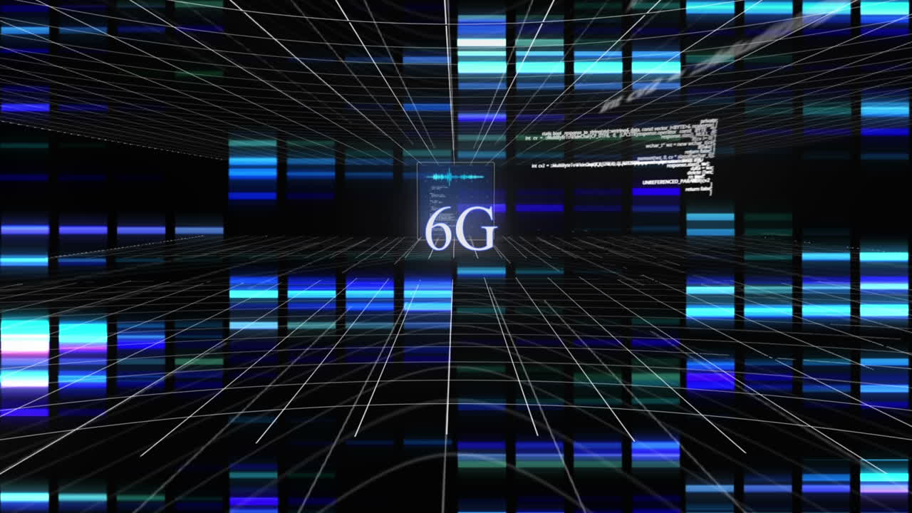 animación de texto y procesamiento de datos de 6g sobre fondo negro