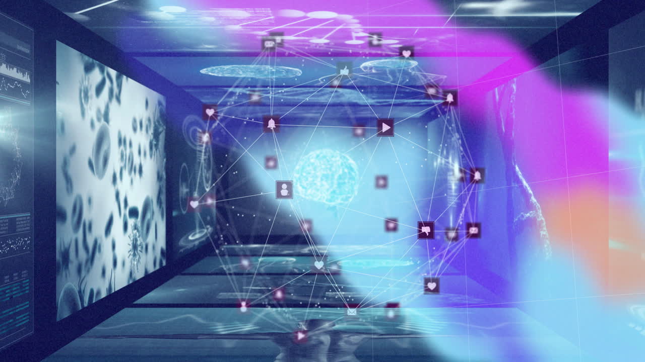 Data processing and digital network connections in futuristic virtual space animation