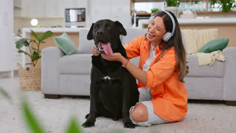 black dog, woman and living room with animal