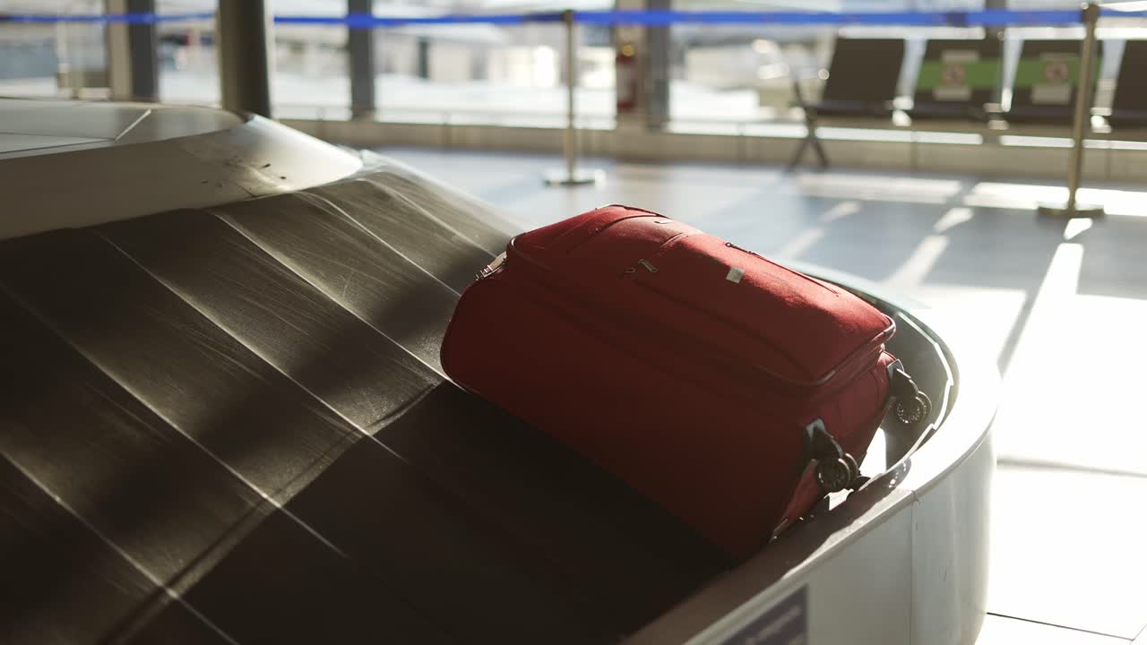 Close up of a red suitcase moving in the conveyor belt of terminal airport