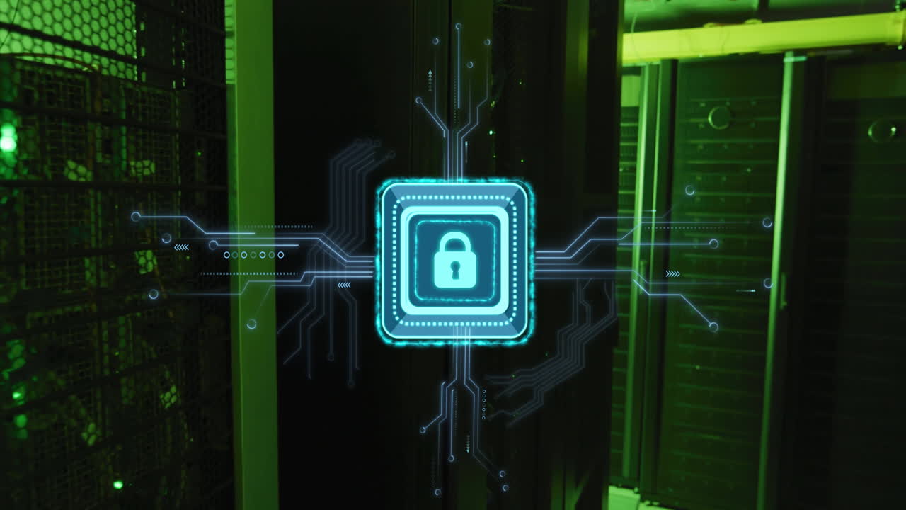 animación del icono del candado y procesamiento de datos digitales a través de servidores informáticos