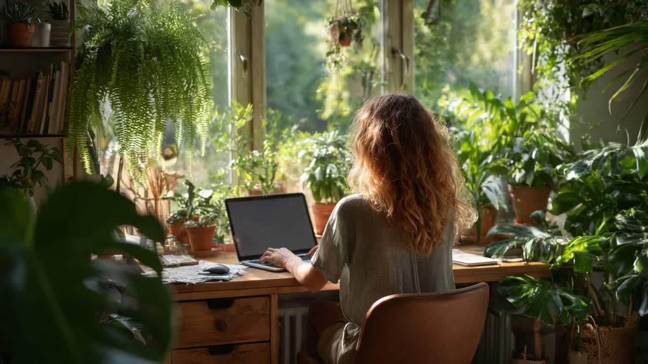 A Serene Workspace Surrounded by Lush Greenery, Capturing the Tranquil Atmosphere of Productivity and Nature's Beauty
