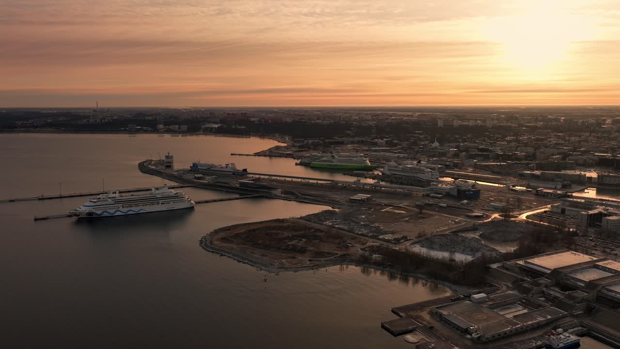 Aerial view port of Tallinn during sunrise - February 2023