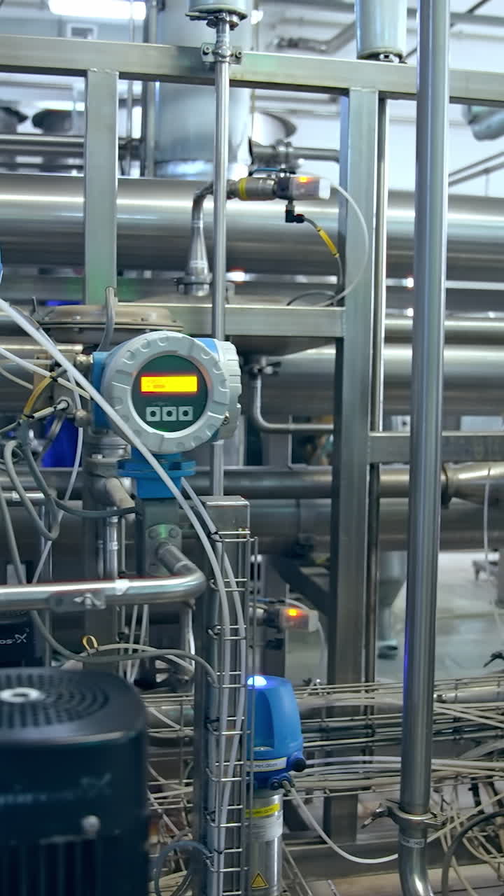 Dairy industry machinery. Technology equipment at dairy farm. Sterile production. Stock video Vertical video