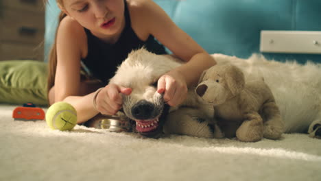 girl playing with a puppy