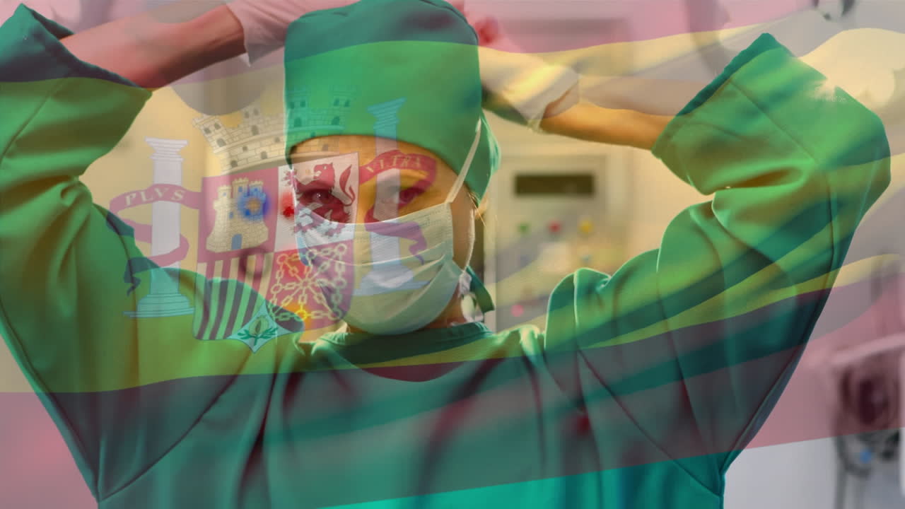 animación de la bandera de españa ondeando sobre el cirujano en el quirófano