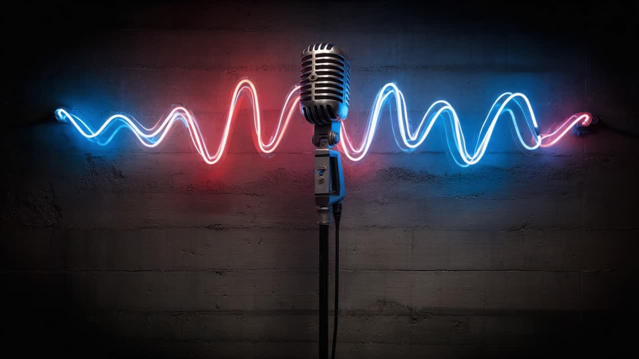 Un'immagine mozzafiato di un microfono vintage che si erge contro una vivace parete di onde di luce neon, rappresentando l'energia dinamica della musica e del suono.
