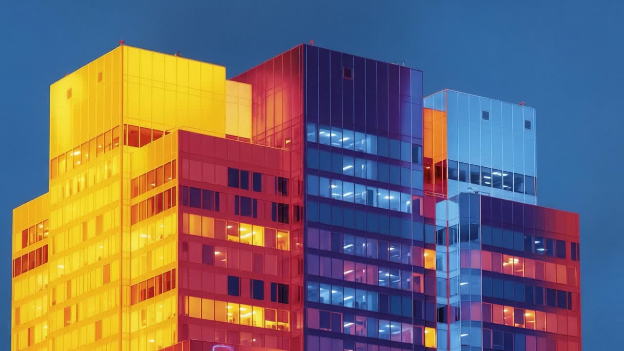 Dynamic Urban Architecture at Dusk: A Vibrant Transformation of Modern Buildings Showcasing Colorful Facades and Luminescent Windows in Twilight Ambiance