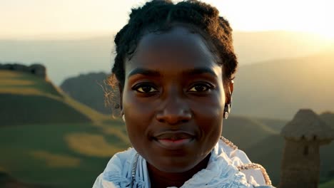 smiling african woman with braids looking at the camera during a golden hour sunset in the mountains