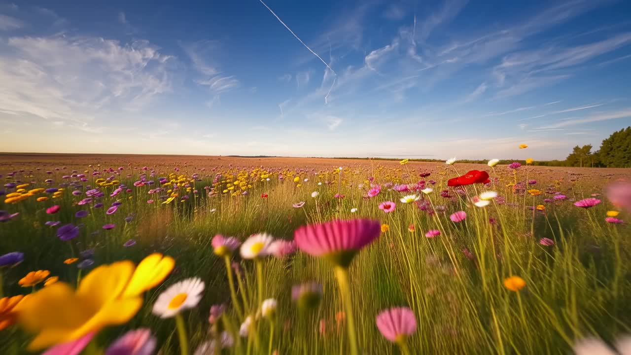 Moving camera starting forward through wildflower stems in meadow, showing low horizon and contrail