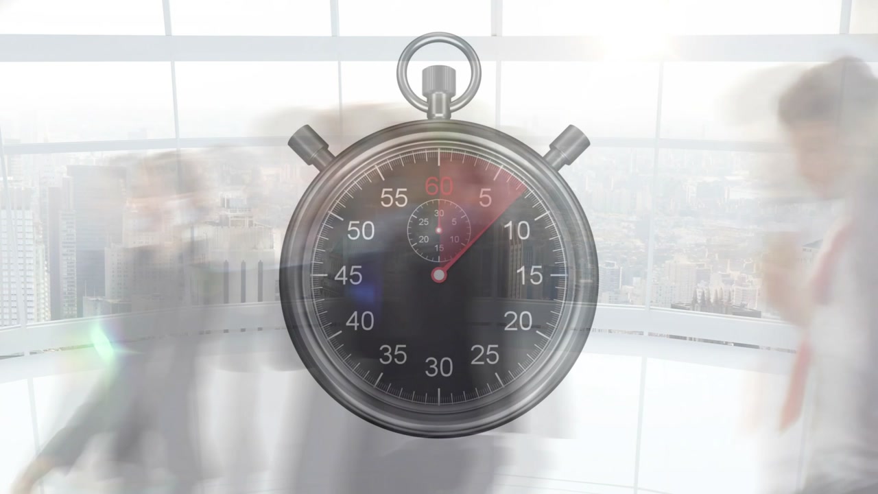 Red second hand advancing stopwatch overlay marking time while office staff walking using tablets