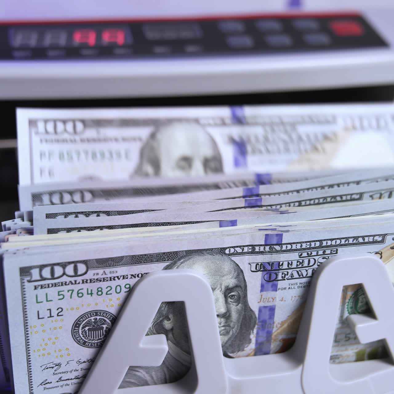 Dollar counting machine for banking financing. Calculating credit investments