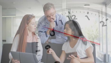 animation of clock moving over diverse colleagues discussing work in office