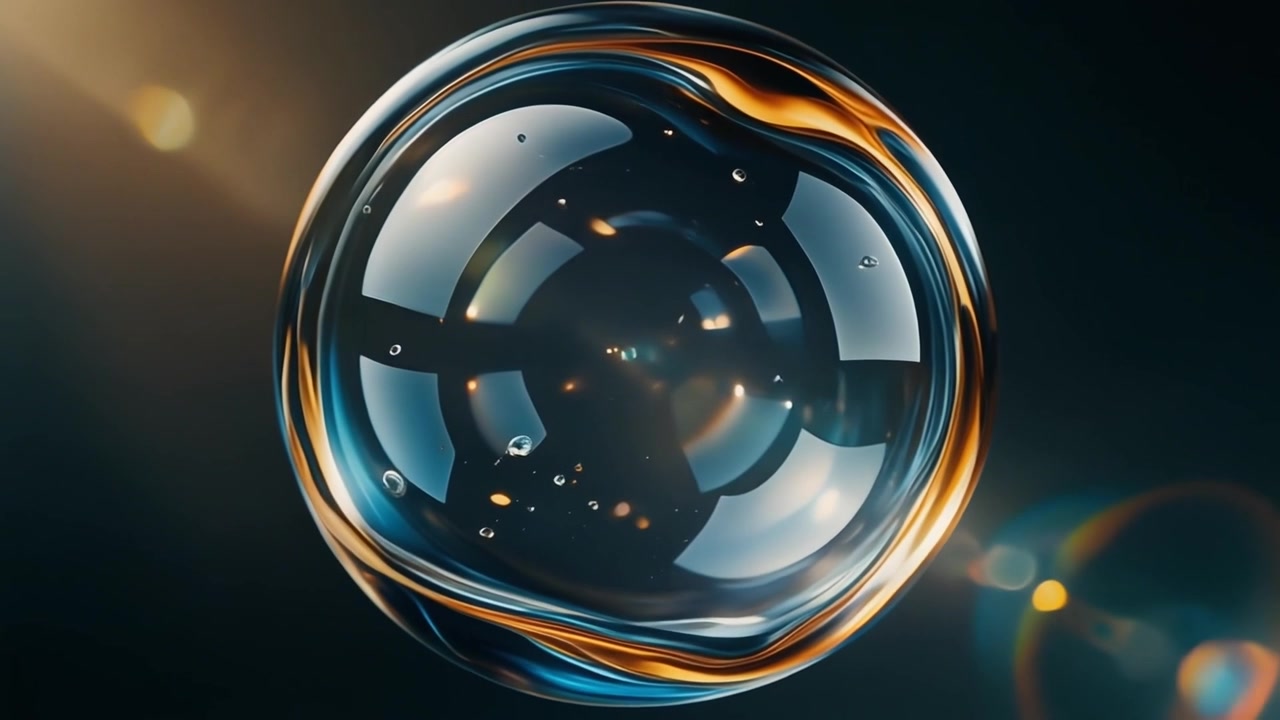 Sfera di vetro astratta galleggiante con oro liquido e riflessi blu