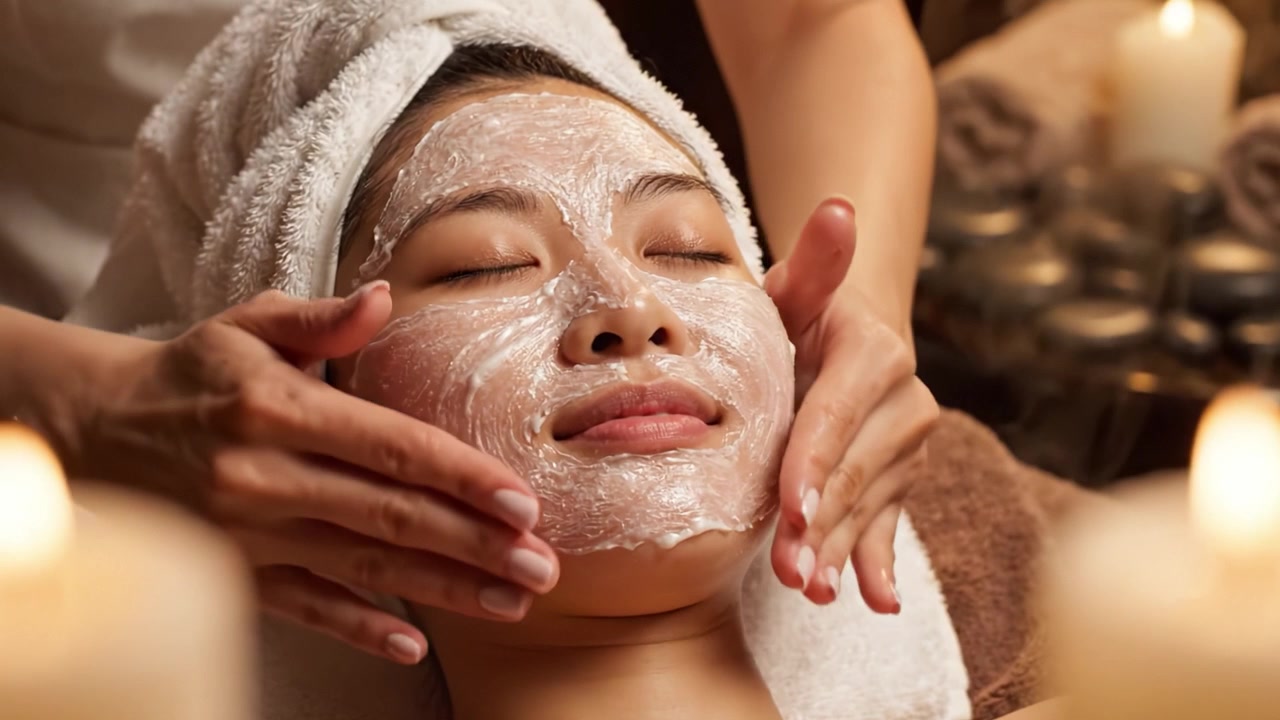 Een ontspannende spa-behandeling met een jonge vrouw die geniet van een gezichtsmasker, omringd door zachte verlichting en kalmerende aroma's voor een perfecte wellness-ervaring.