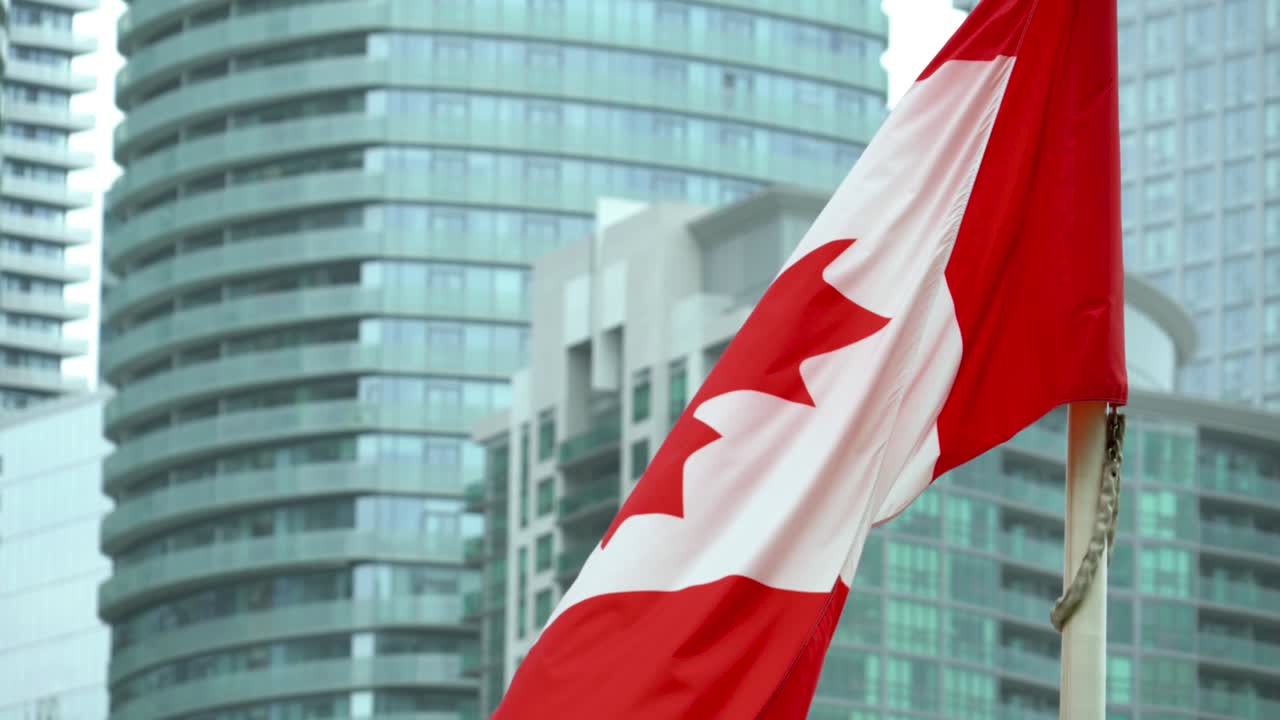 Bandiera del Canada sull'asta della bandiera che sventola al vento.