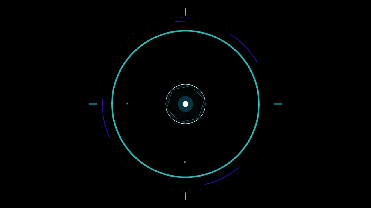Futuristic HUD Interface with Rotating Hexagon and Circular Elements