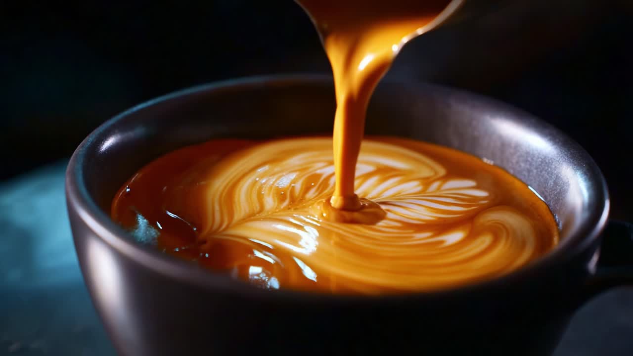 A Captivating Process of Coffee Art Creation: Pouring Rich Cream into a Dark Brew to Form Beautiful, Intricate Patterns in a Ceramic Cup