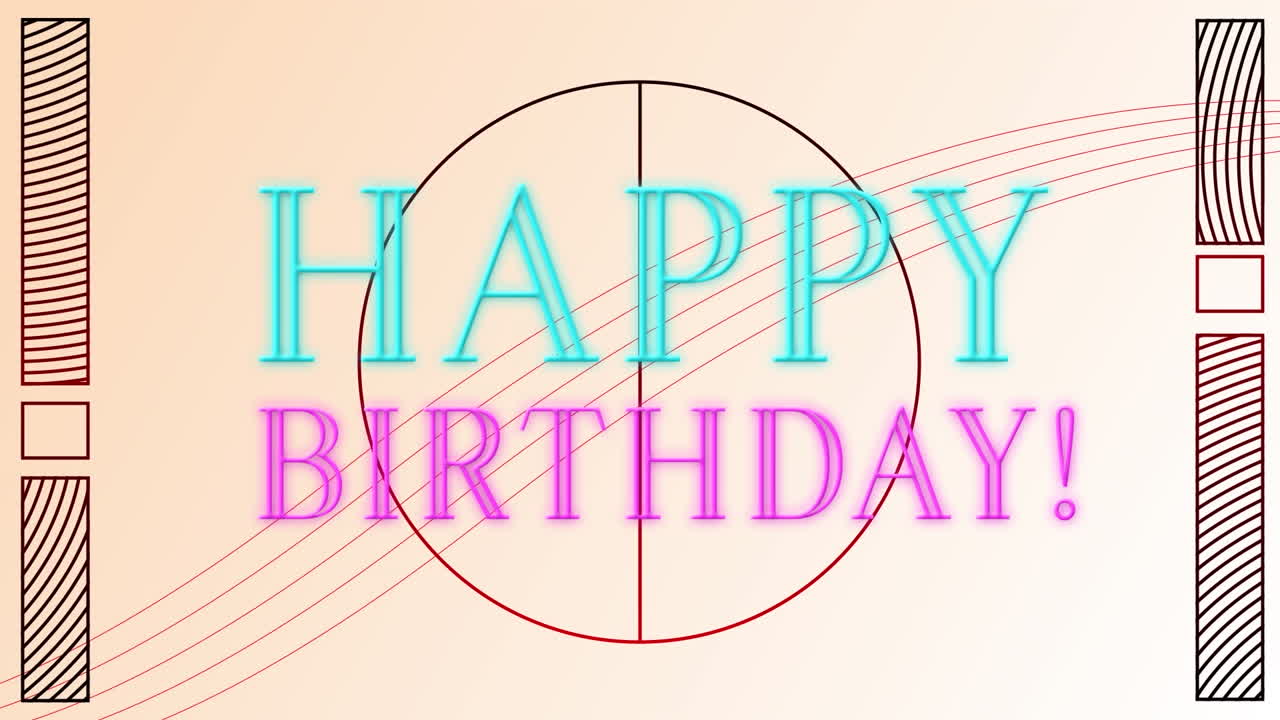 animación de texto de feliz cumpleaños sobre formas geométricas sobre fondo blanco