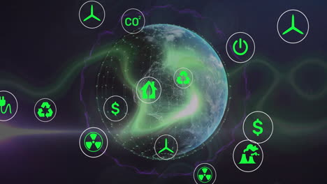 animación de globos y formas sobre iconos de medios