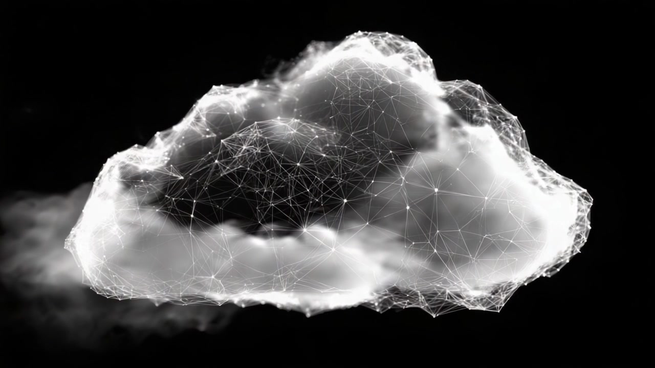 A Digital Representation of a Cloud Forming in a Dark Environment, Showcasing a Network of Connections and Data Visualization in a Modern Aesthetic