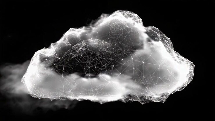 A Digital Representation of a Cloud Forming in a Dark Environment, Showcasing a Network of Connections and Data Visualization in a Modern Aesthetic