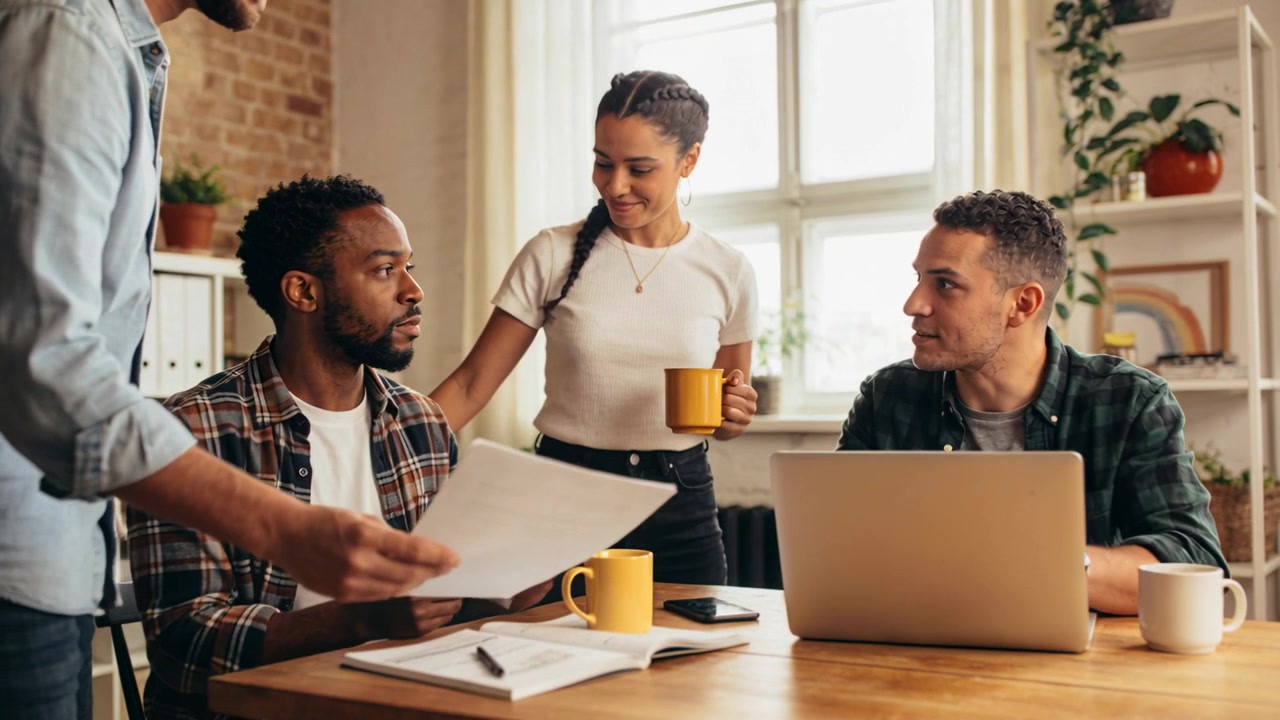 Handing man passing papers, group reviewing at table with laptop and yellow mug, finalizing plans