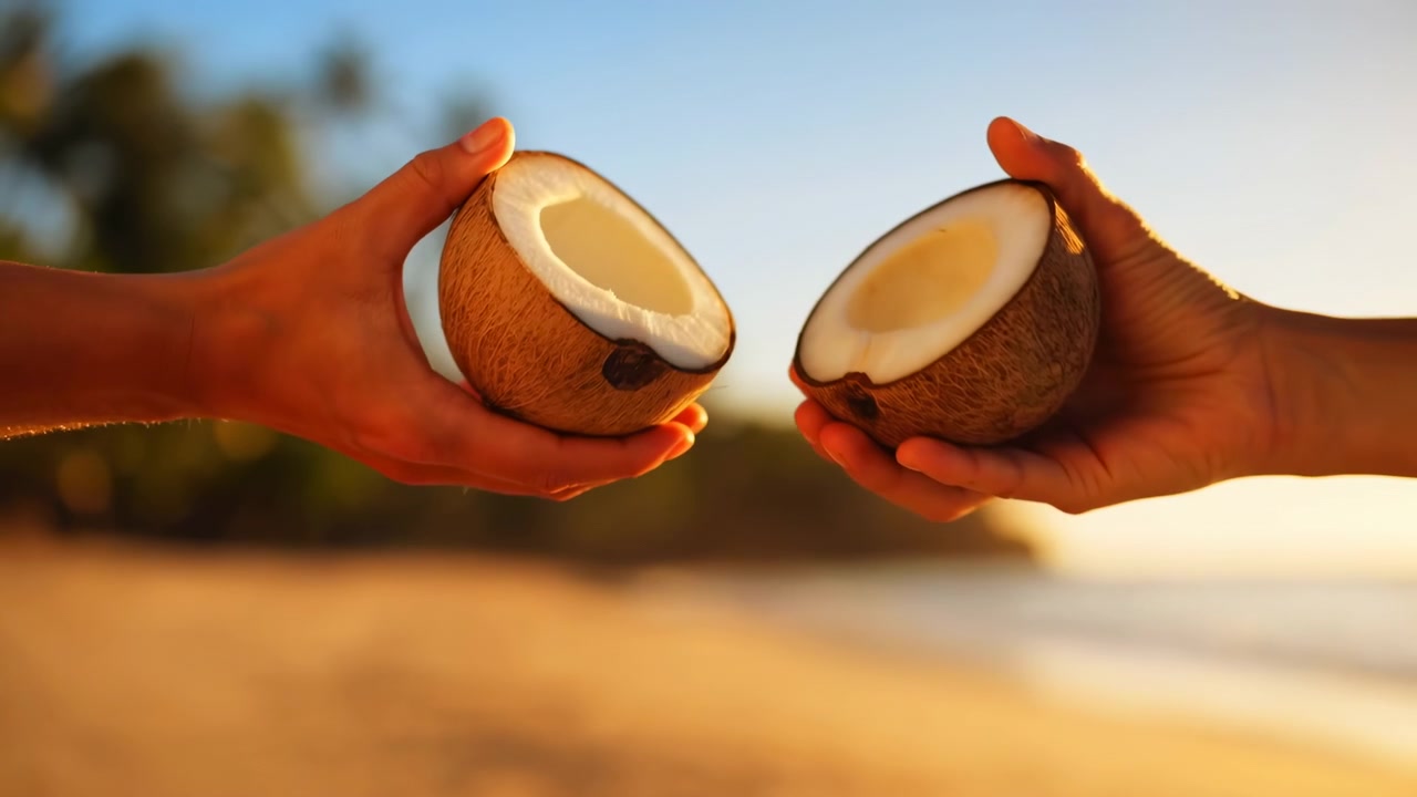 A mid-sequence beach scene with two hands at the left and right edges holding opened coconut halves above a sandy shoreline, with blurred palm trees and a