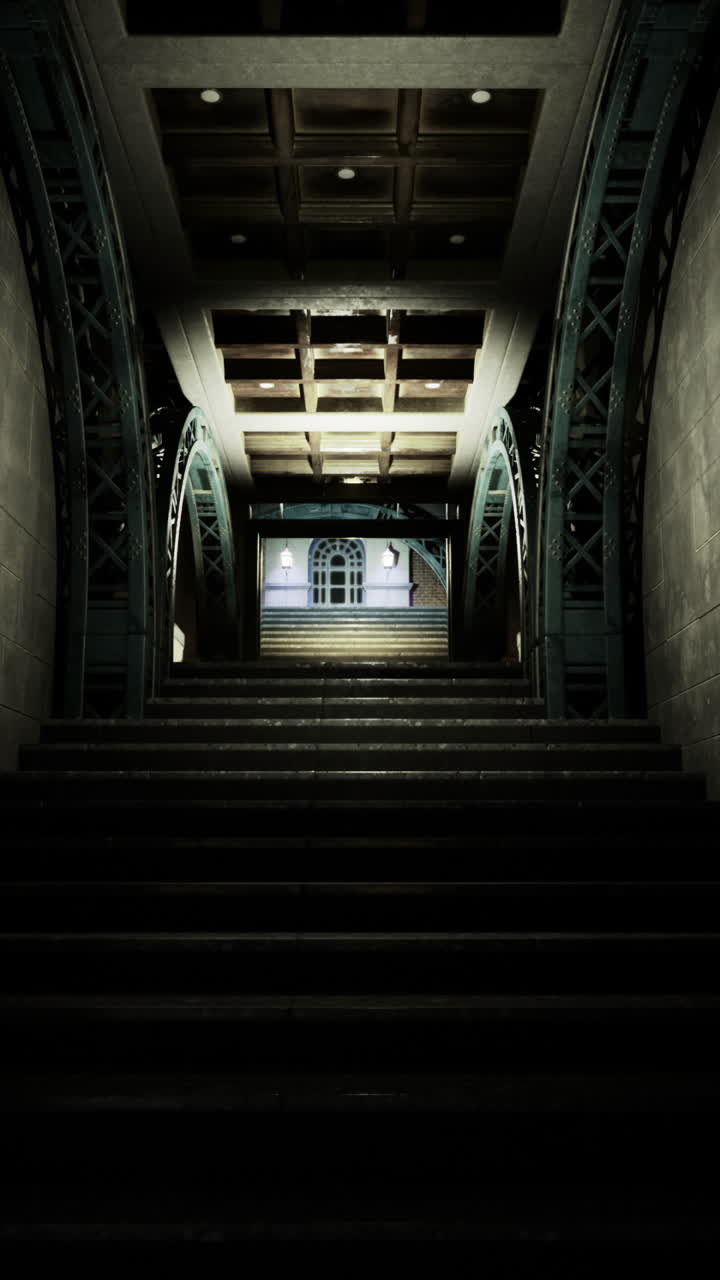 Dark staircase leading to a bright entrance in an architectural space