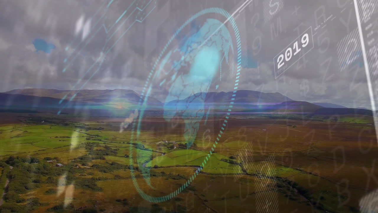 3D-render globe overlaying aerial farm landscape, showing streaming code panels and 2014 date label