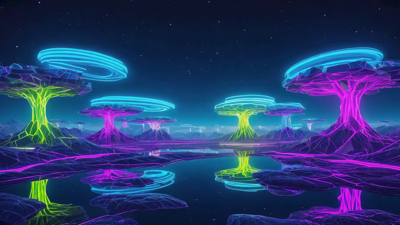Vibrant Neon Alien Landscape with Glowing Trees and Reflective Water