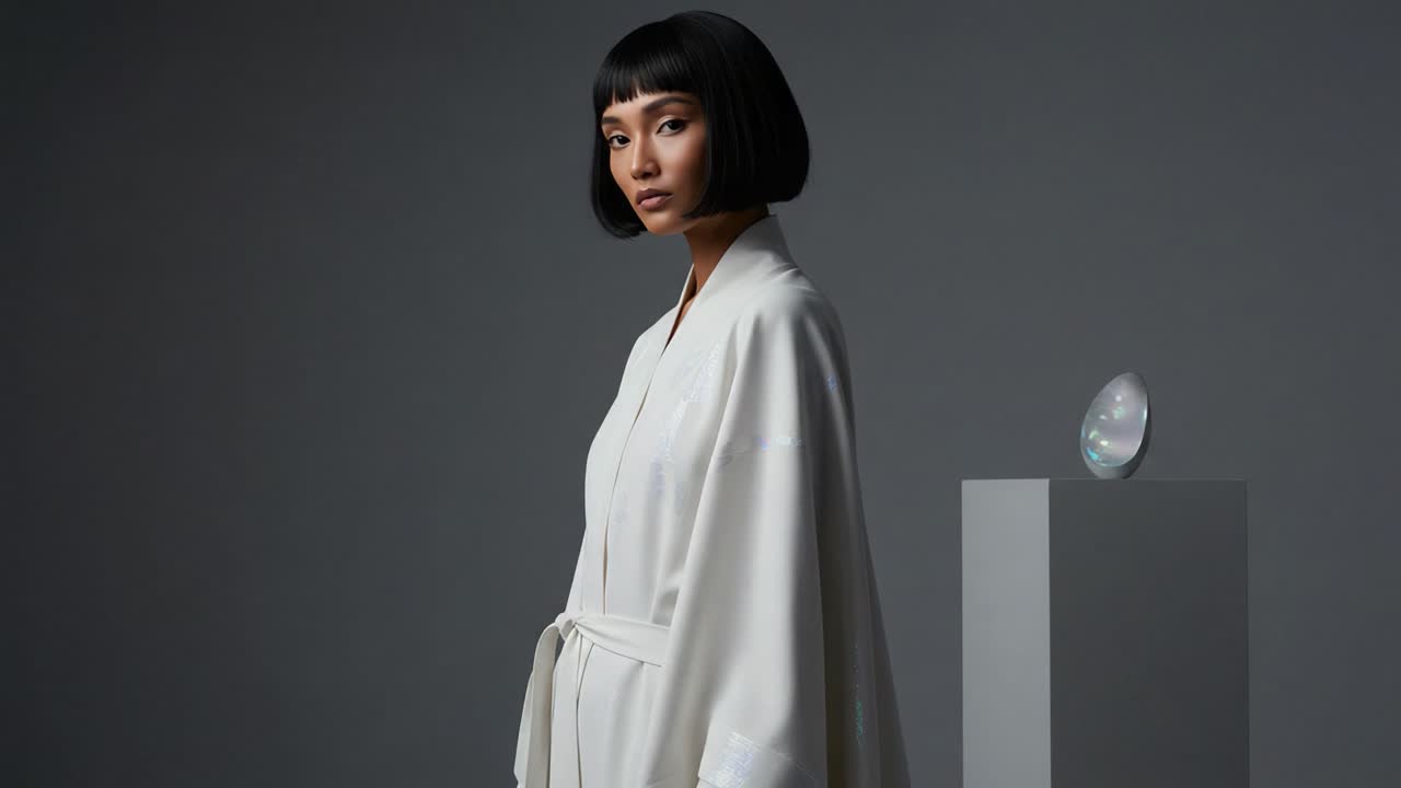 A Tranquil Portrait of Elegance: A Fashion Model in a Minimalistic Setting, Highlighting Modern Aesthetics with a Unique Decorative Element