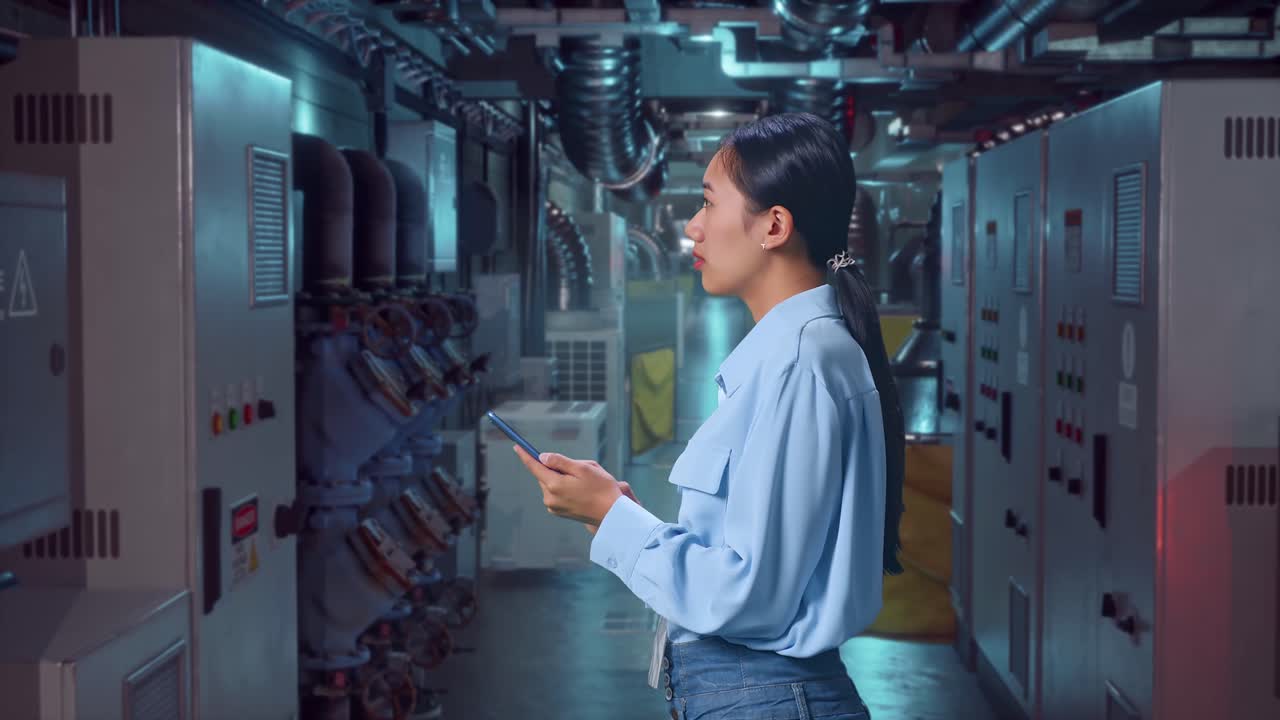 Side View Of An Asian Female Professional Worker Standing In Engine Control Room, Observes By Looking Up Then She Come To Concentrating On The Phone And Keep On Checking