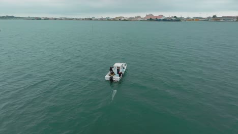 aerial panoramic: oceanographic research boat in mediterranean sea, sète, france