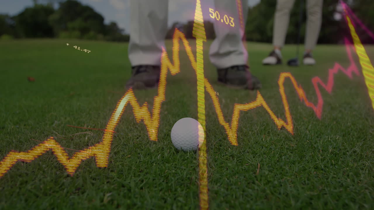 Senior golfer and partner preparing putt on manicured green, showing animated stock-chart overlay