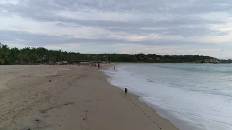 Aerial-shot-of-a-dog-running-in-Zicatela-beach-at-sunset,-Puerto-Escondido,-Oaxaca