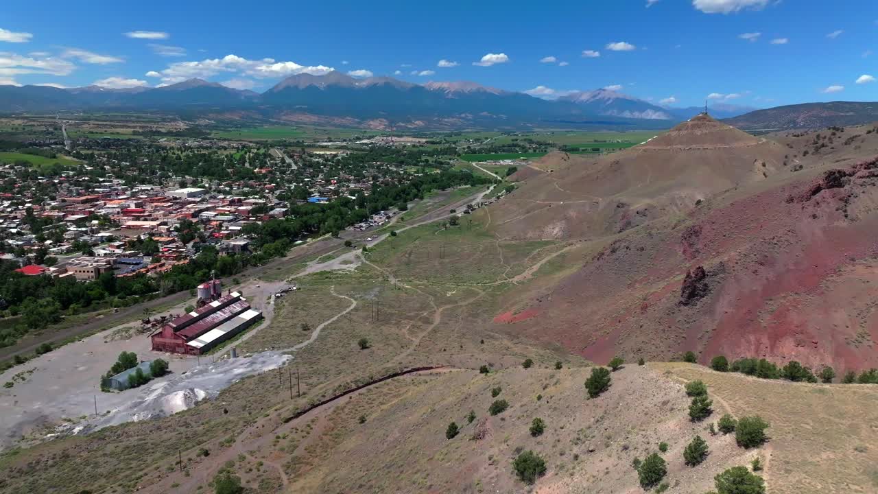 Salida Colorado Arkansas River aerial drone Buena Vista Collegiate Peaks S Mountain Tenderfoot Hill abandoned Limestone Factory mountain town Chaffee County bluesky hiking trails rafting river surfing