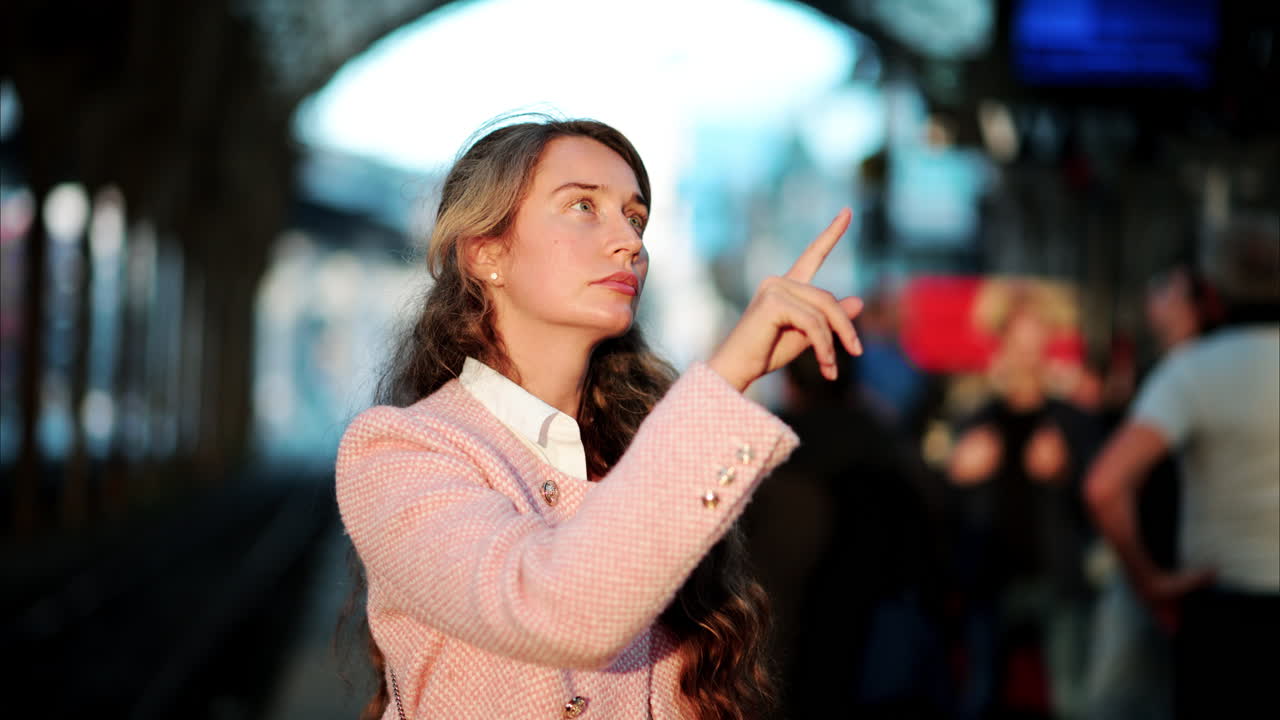 Woman in a pink blazer reading and analysing a departure board at the train station